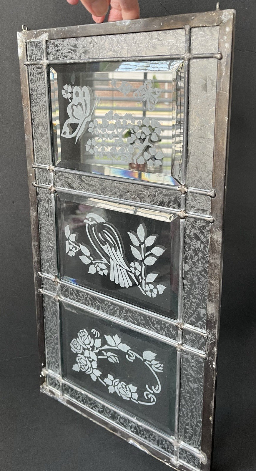 Leaded Glass Hanging Panel Etched Frosted Bird FlowerButterfly 20×10