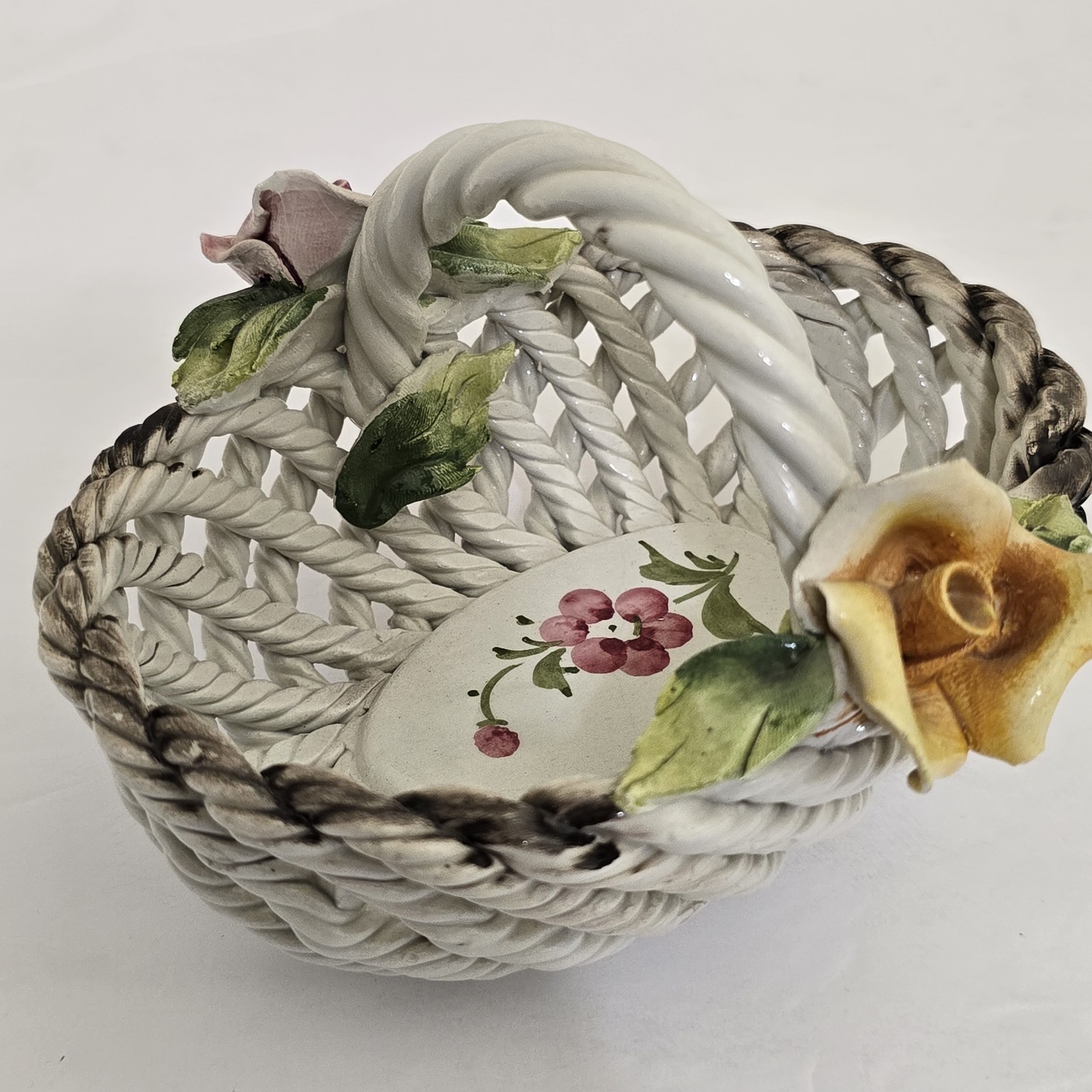vintage CAPODIMONTE Porcelain Floral Basket Italian Made Trinket Tray White