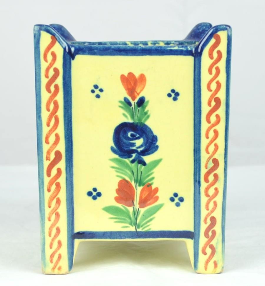 VINTAGE HB QUIMPER FRANCE SOLEIL SQUARE VASE PLANTER – ROOSTER / COQ – 4 7/8″