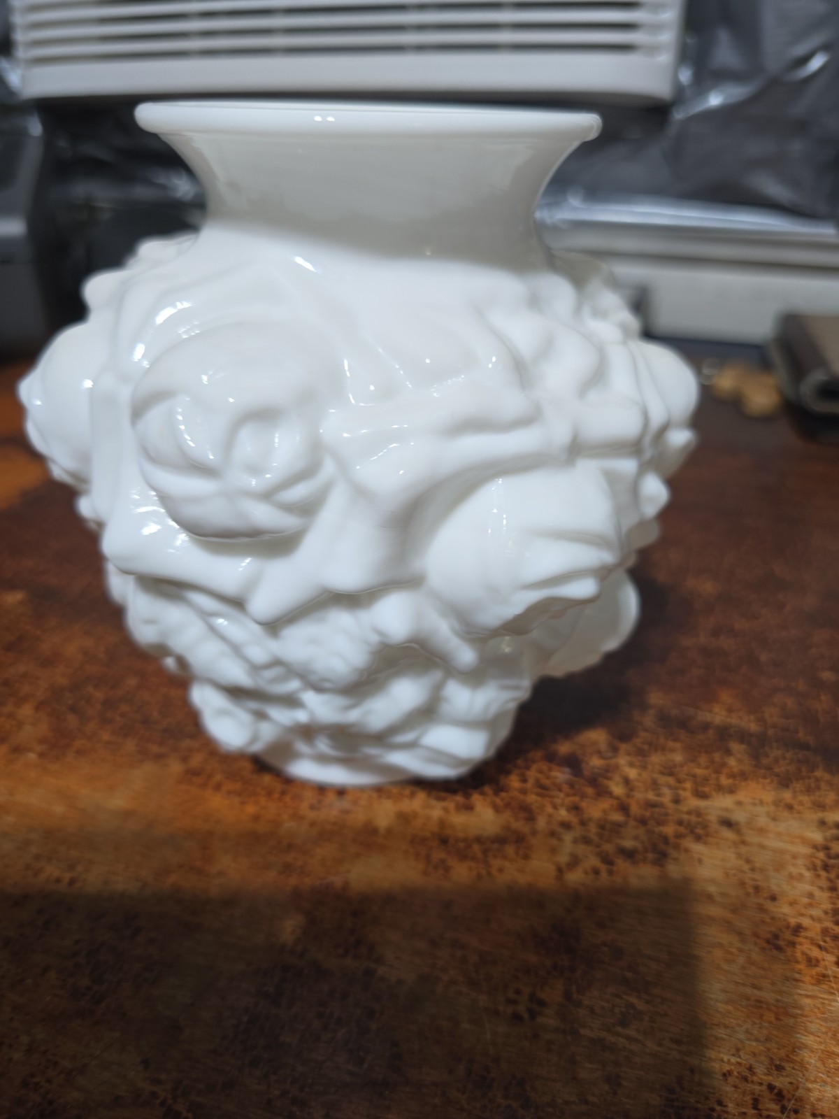 Vintage Imperial Milk Glass Roses Vase 6.5in Tall 6in Diameter