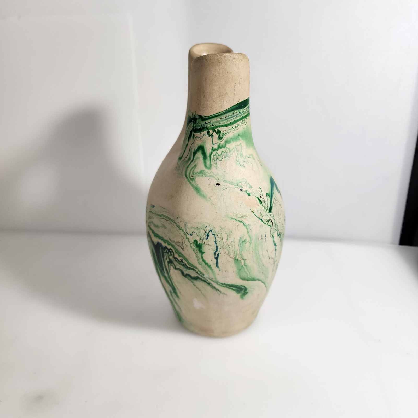 9.75″ Nemadji Pottery Double Spout Wedding Vase -Blue, Green, Gray