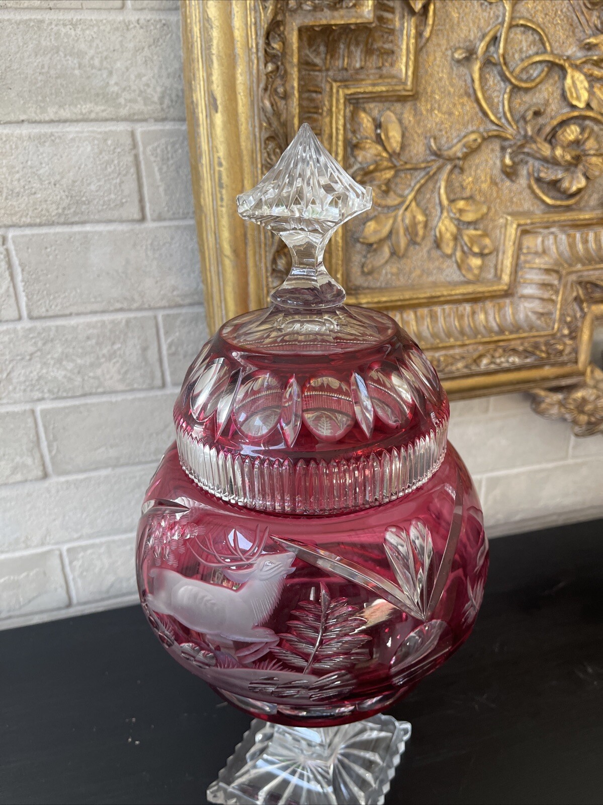 Bohemian Cranberry Crystal Czech candy box covered in Red double tail glass
