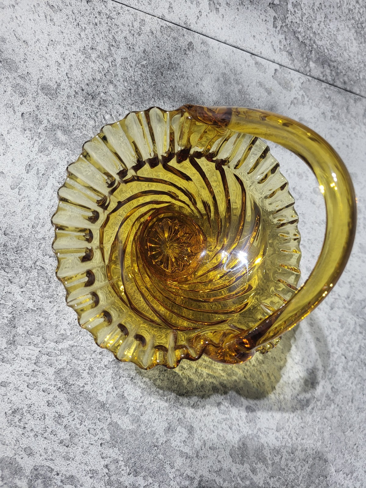 VTG Fenton Amber Pressed Art Glass Basket Ruffled Edges Handle 6″ Candy Trinket