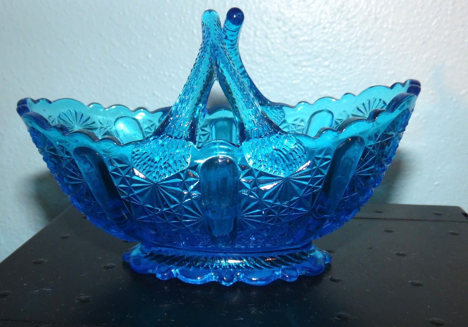 Vintage Fenton Blue Glass Daisy and Button Oval Basket with Split Twig Handle