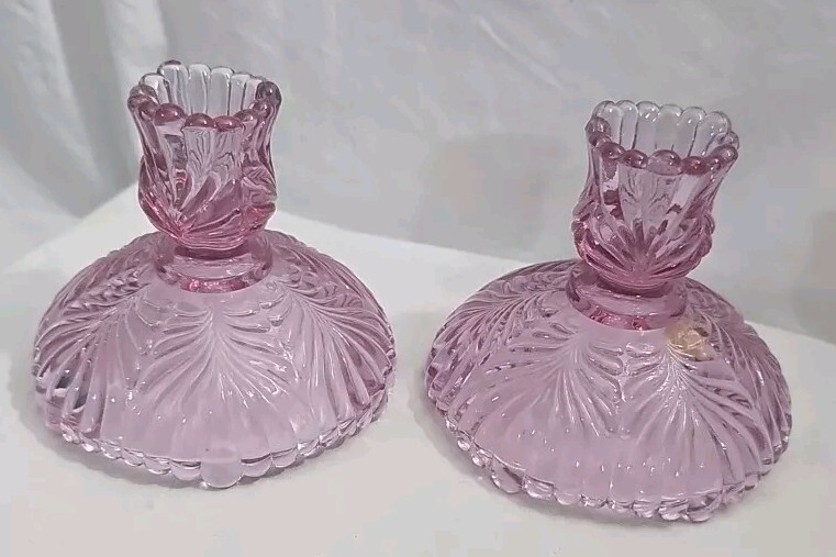 Fenton Art Glass Dusty Rose Beauty Pattern Candle Holders 1988 Pair
