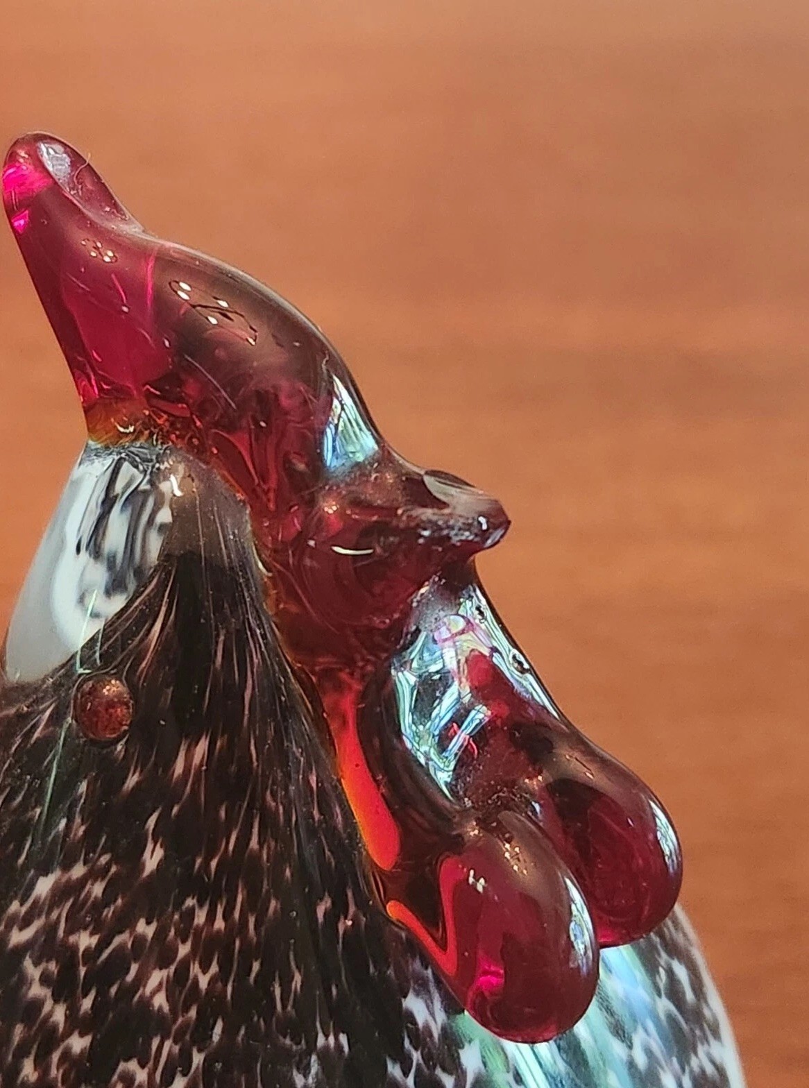 Glass Rooster Beautiful Art Paperweight Figurine White Black Red Read