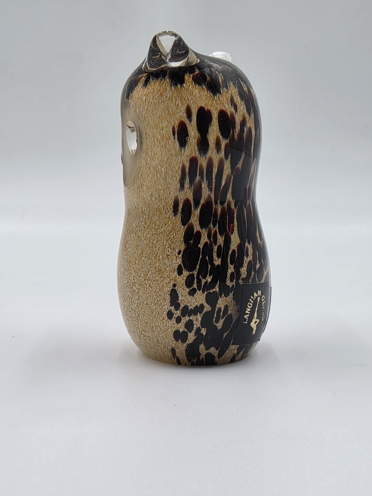 Langham Glass Spotted Speckled Owl Paperweight Signed, Stickered, 3.25″