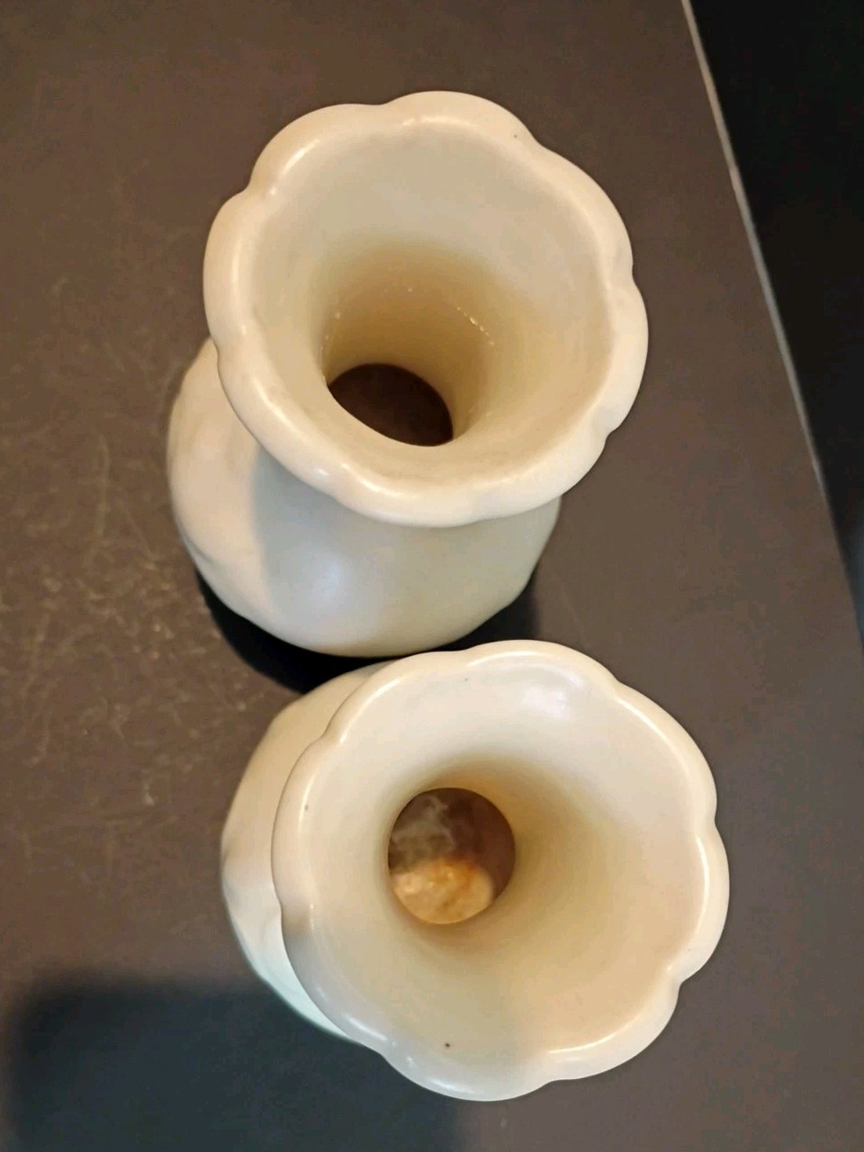 2 Vintage USA 5″ Tall Ivory Embossed Thick Bud Vases Off White