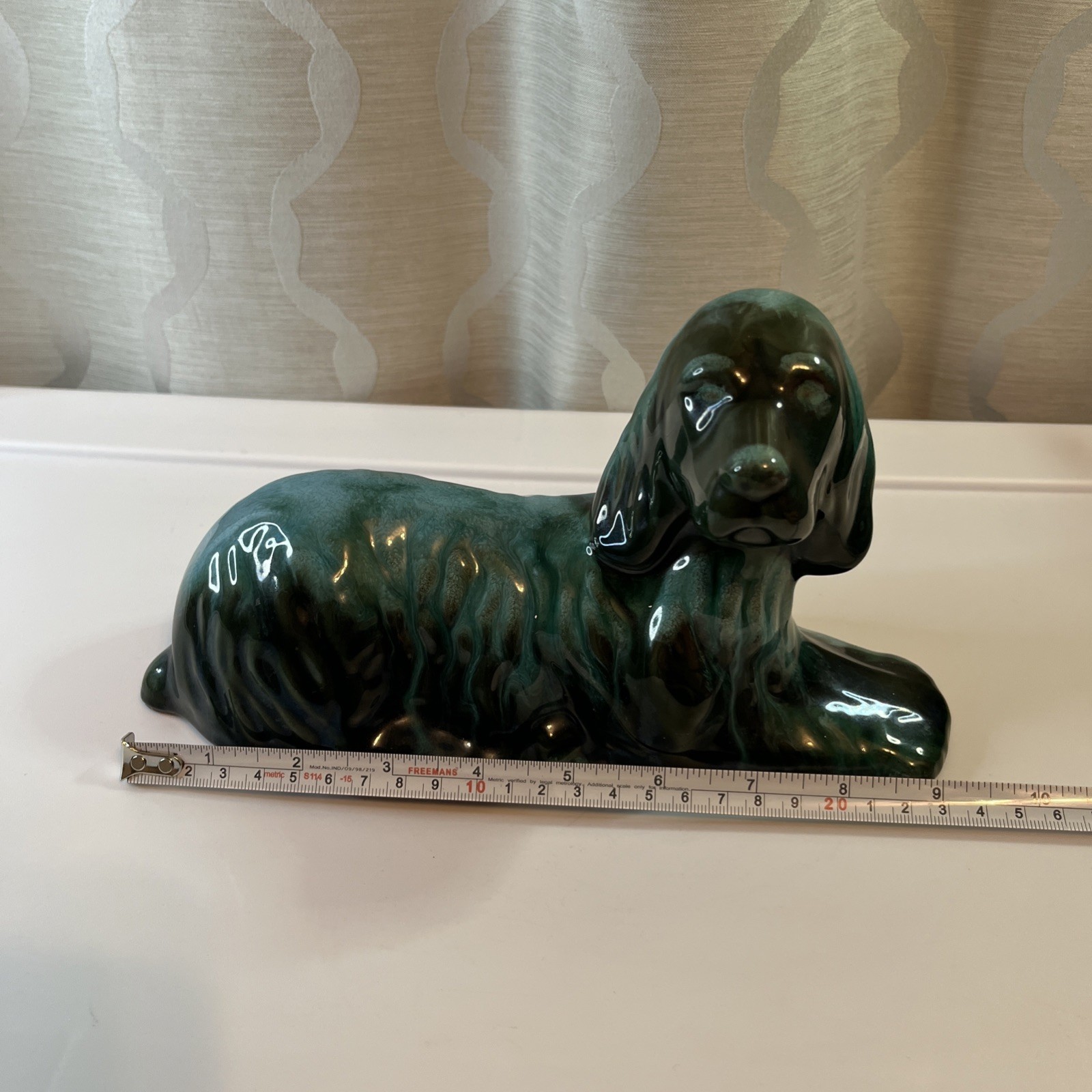 Vintage Blue Mountain Pottery Dog Spaniel Setter Green Drip Glaze