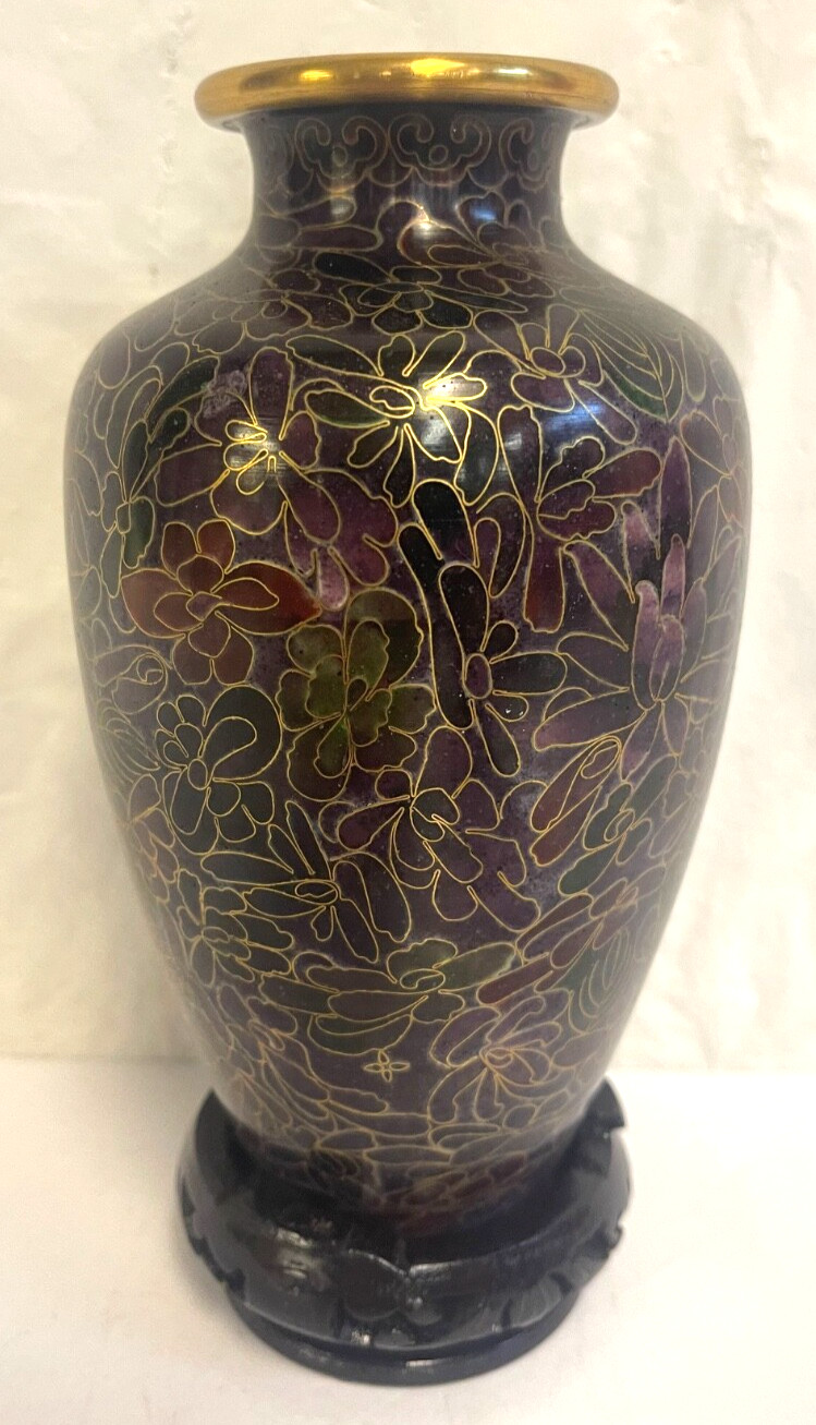 Vtg. Purple & Gold Metal Floral Cloisonne Vase with Painted Wood Stand – China