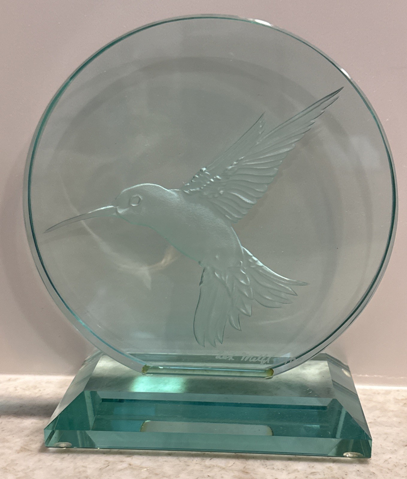 3D Hummingbird Sculpture, Green Glass Sand Carved Lex Melfi Signed Numbered RARE