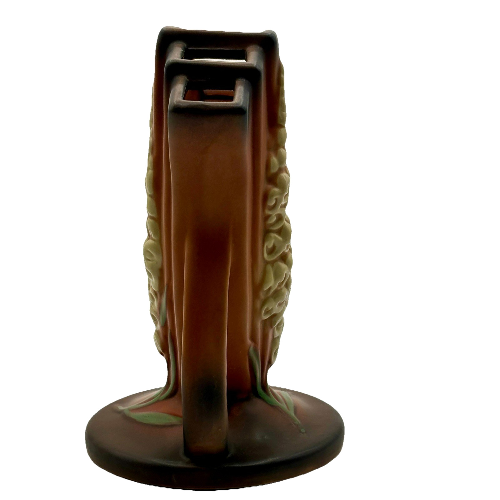 Reproduction Roseville Brown Foxglove Fan Handled Vase – #117-8 – 5 Openings EUC