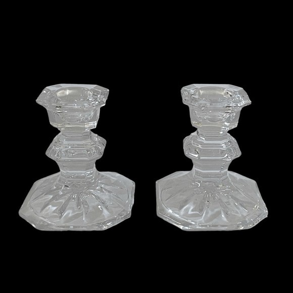 Mikasa Edinburgh Crystal Candlesticks Set of 2 Art Deco Slovenia 3″ Taper Holder