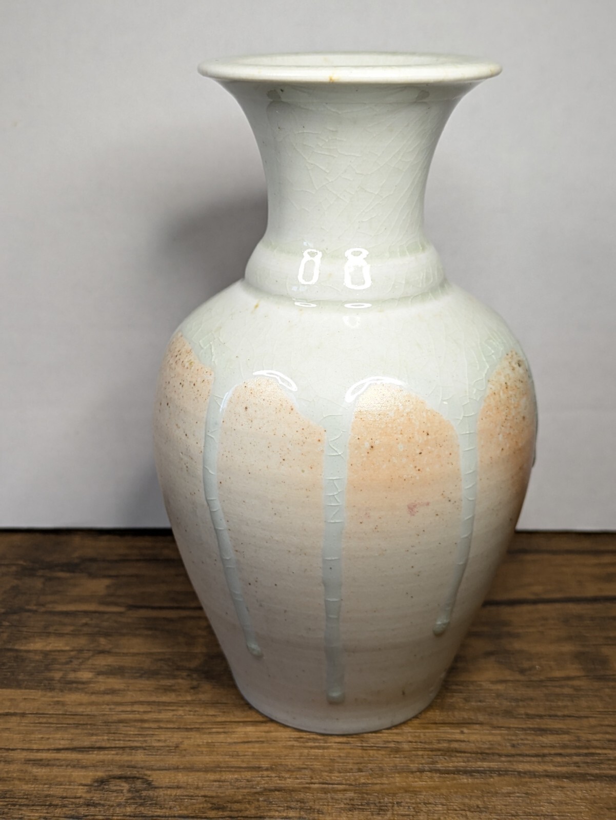 Vintage – 6¼” White on Peach Drip Glaze Bud Vase, Studio Pottery Marked