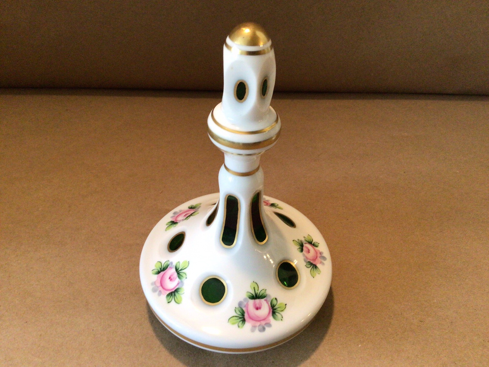BOHEMIAN MOSER ART GLASS WHITE CASED CUT TO GREEN 15.5” COVERED FLORAL URN VASE
