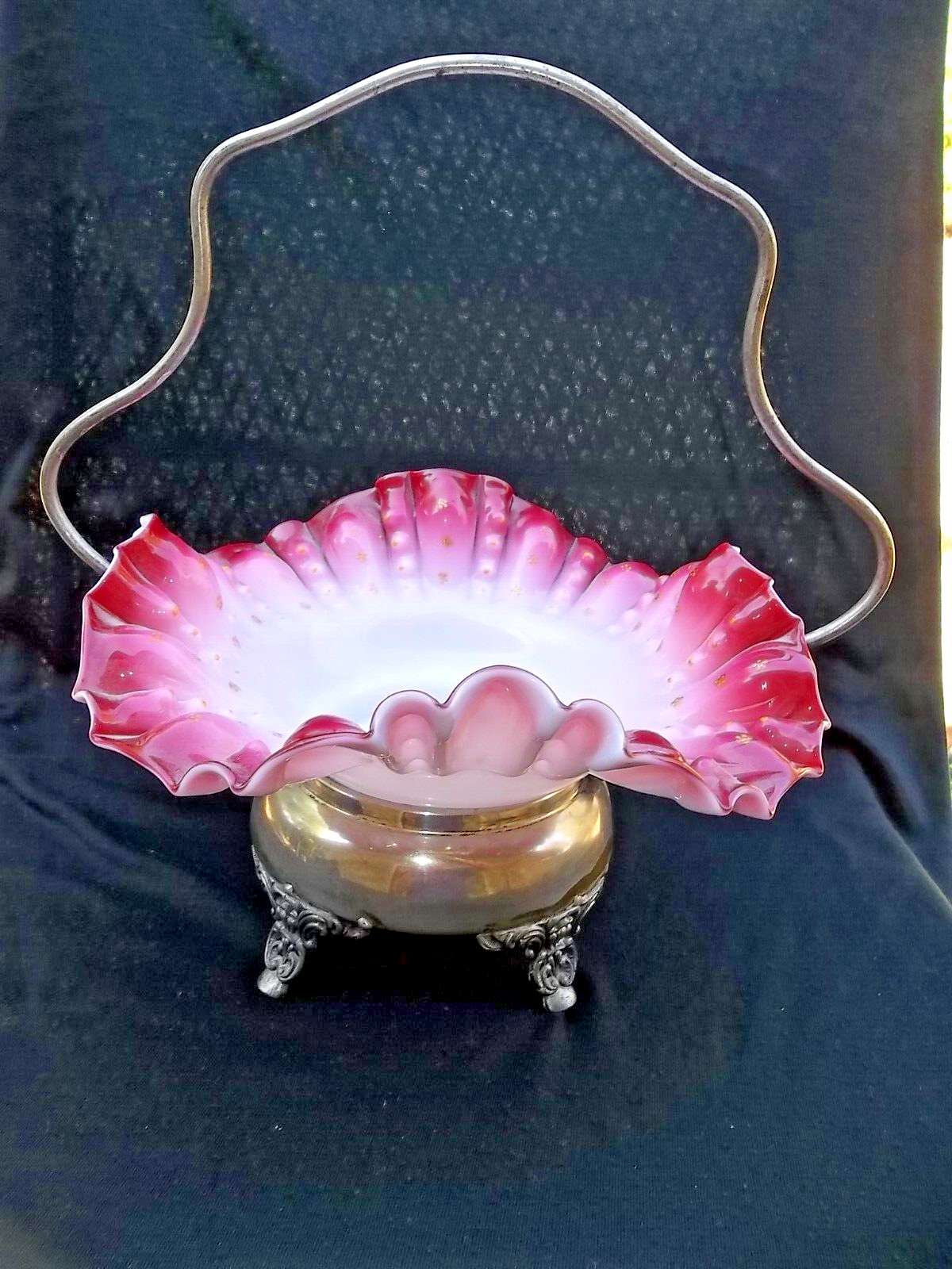VICTORIAN BRIDES WEDDING BASKET PINK ART GLASS BOWL W SILVERPLATE FRAME