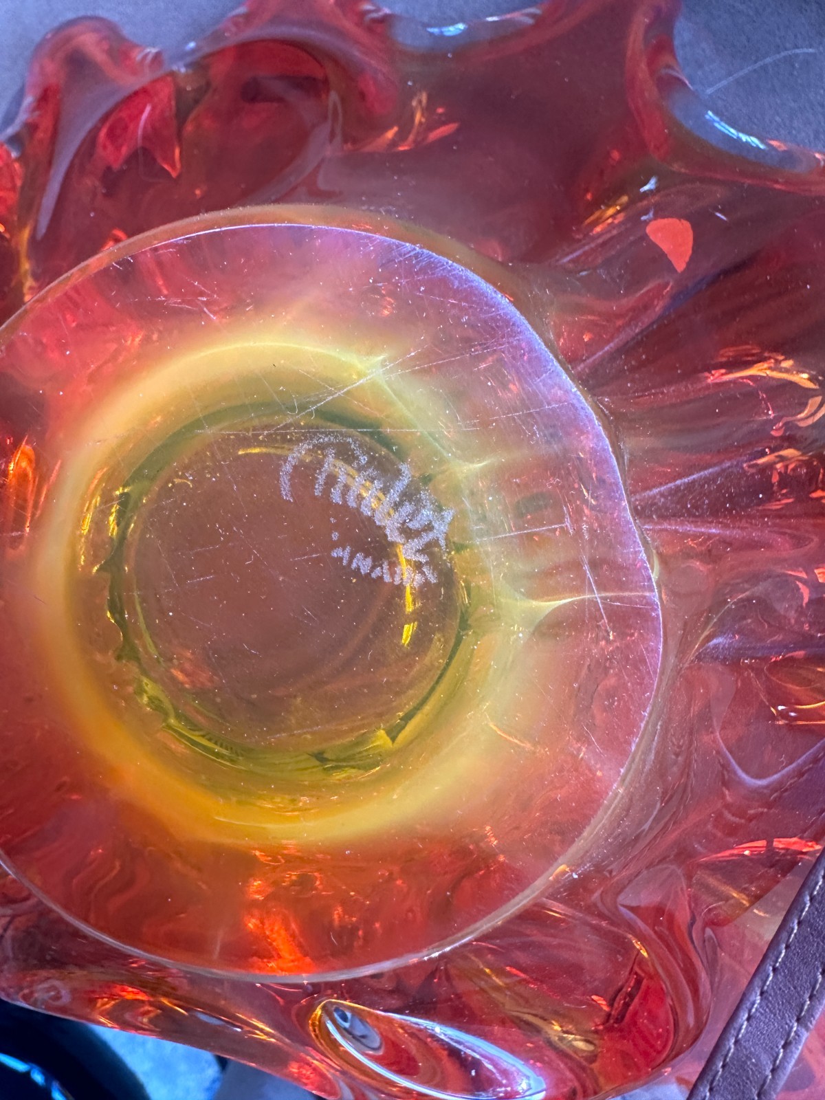 Chalet Canada Art Glass: Spectacular Large Fire Orange/Red Bowl/Vase handblown,