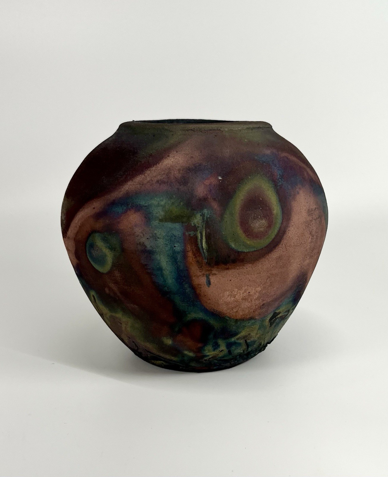 Vintage Studio Signed Art Raku Pottery Base Iridescent Copper Matte Glaze