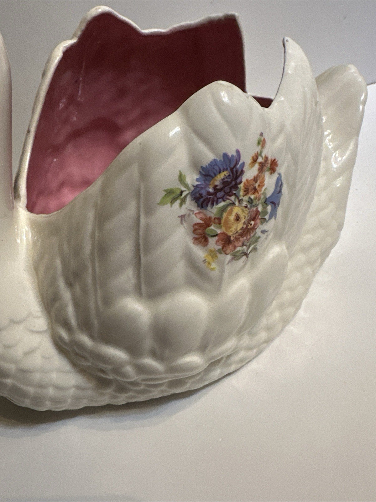 RARE Holland Mold Hand Painted Multi Colored Porcelain Swan Planter, Flower Vase