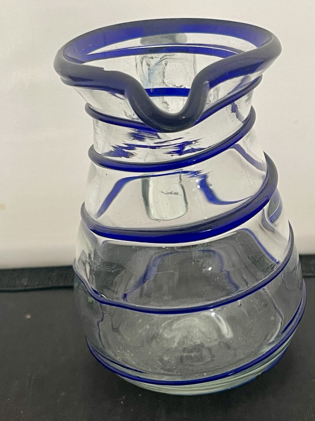 Vintage Small 4” Handblown Swirl Art Glass Pitcher Vase Clear and Blue Swirls