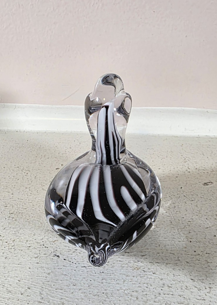 Vintage Enesco Clear Black White Swirl Hand Blown Glass Duck