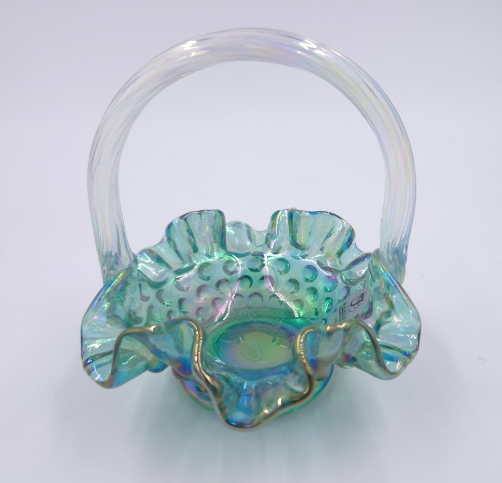 Fenton SPRUCE GREEN HOBNAIL PATTERN Glass Basket Ruffled Rim w Sticker – RARE