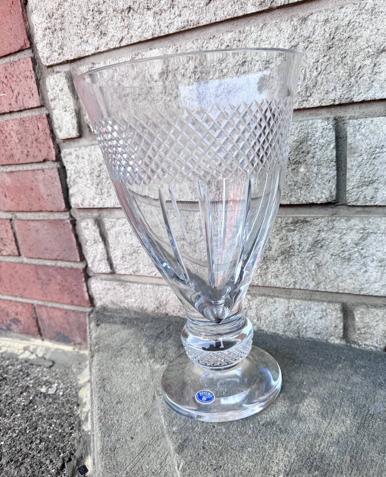 Large Heavy 12” Hand Cut Lead Crystal Pedestal Vase Centerpiece Bohemia Czech