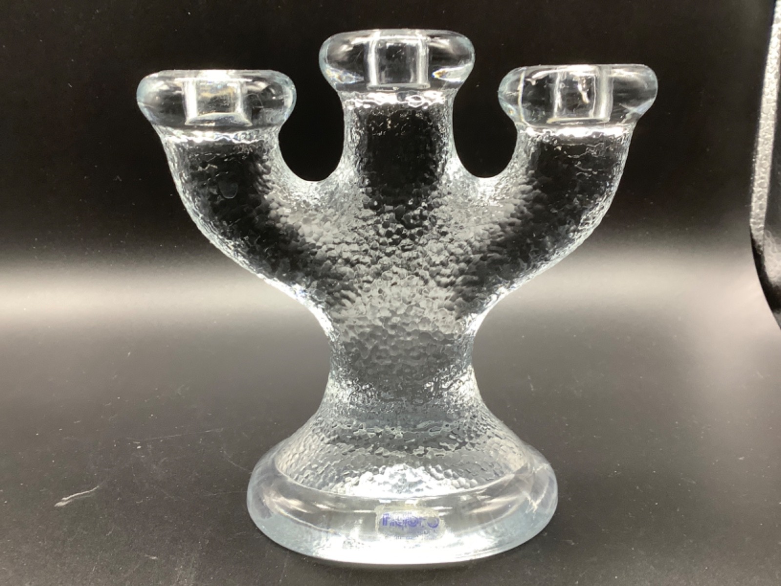 Nybro Crystal 3-Arm Candelabra, Textured Glass, Sweden, Paul Isling, 5.25”
