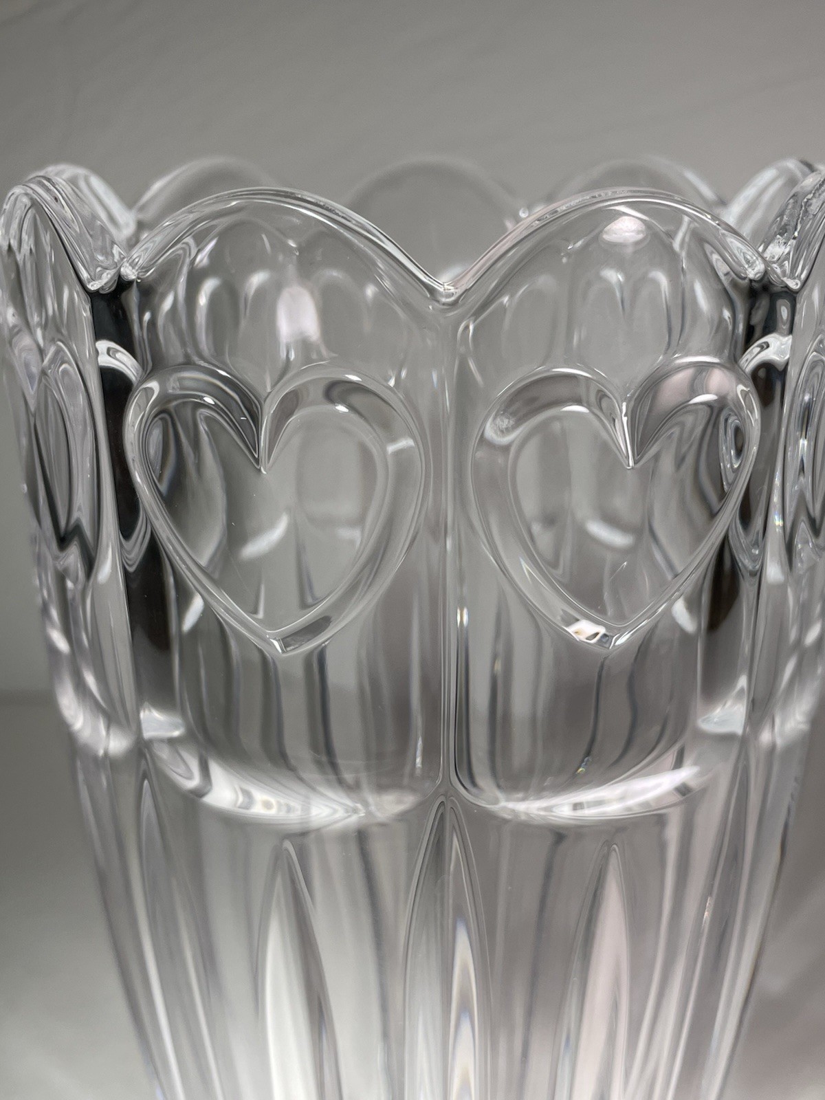 Vintage Heavy Ribbed Cut Crystal Vase Clear 7-3/8” Hearts Pattern Scalloped Rim