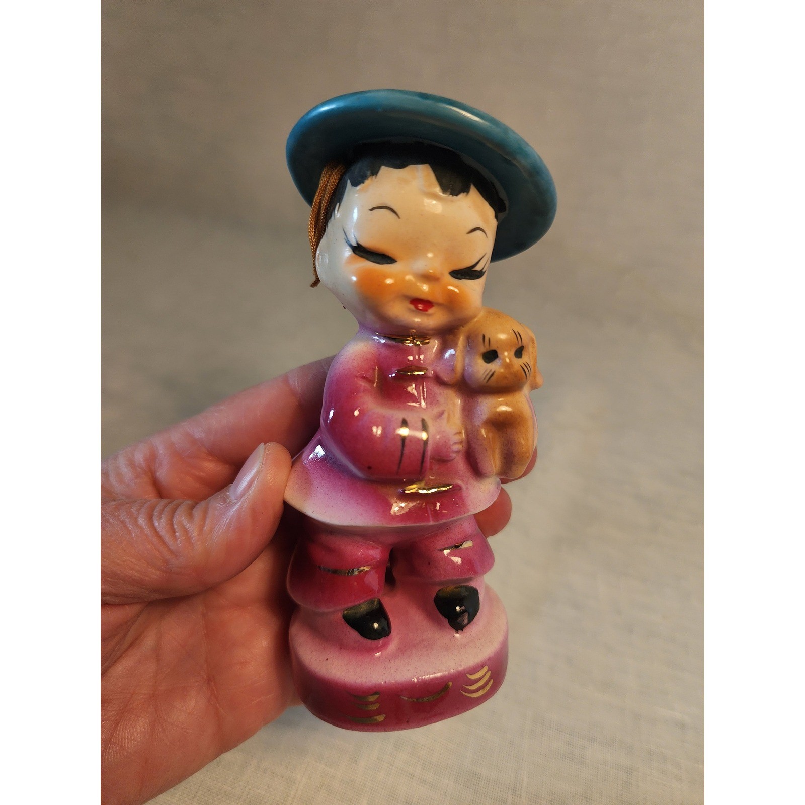 Kitschy Asian Boy and Girl Figurines with Bunny Rabbit and Puppy Dog, Set of 2