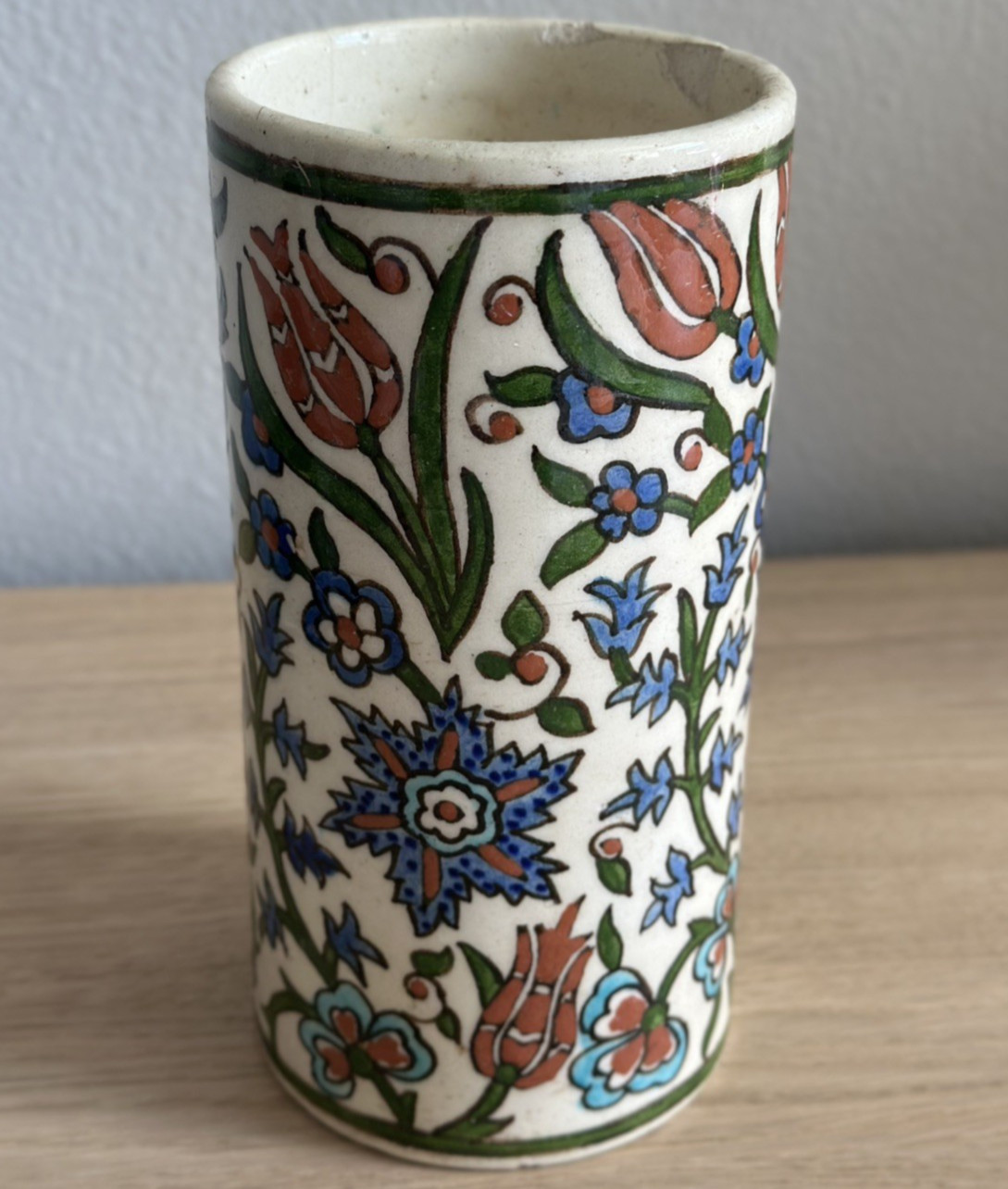 Turkish Iznik Style Pottery Vase With Enamel Flowers Mid 20th Century – As Is