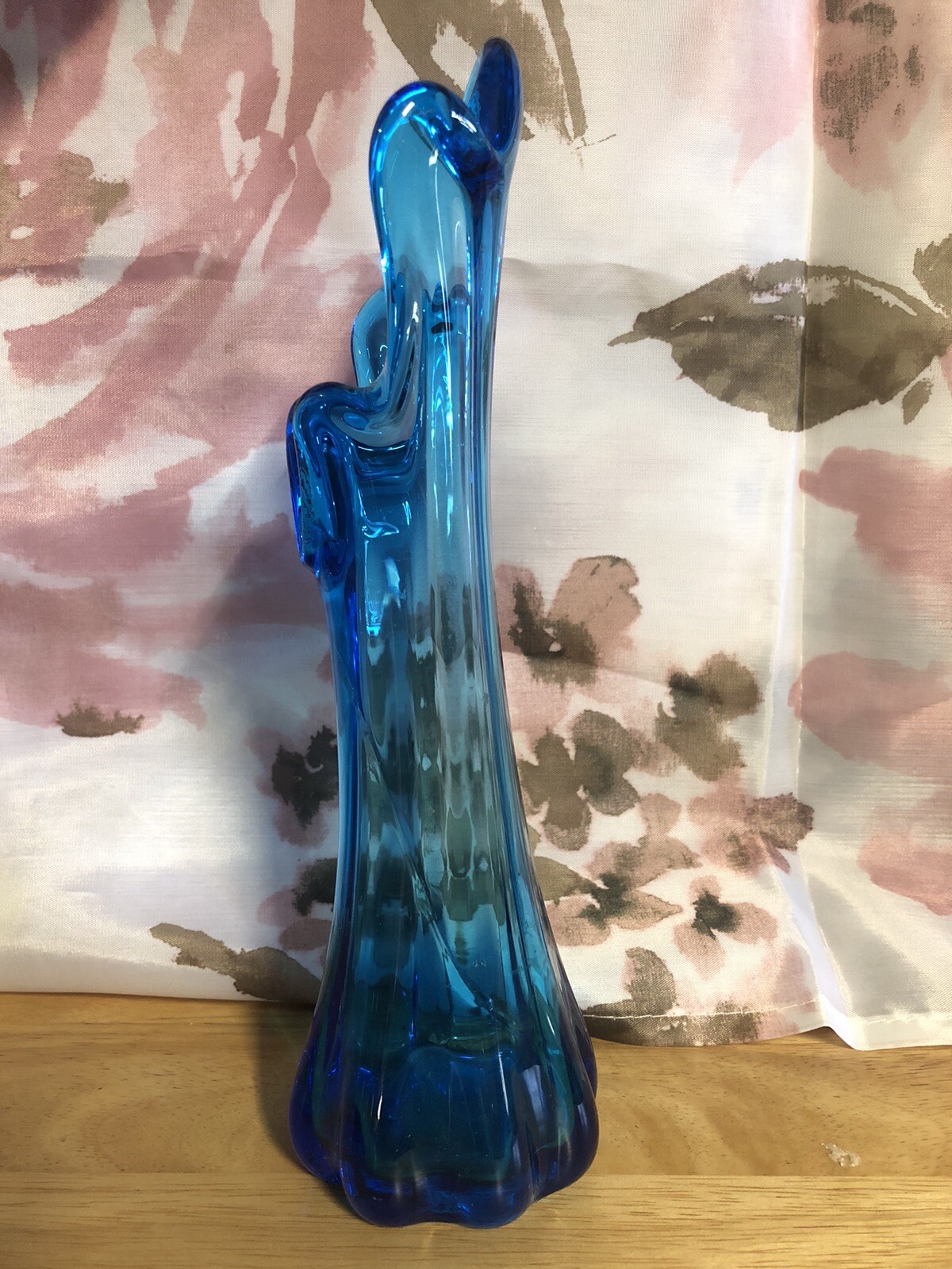 LE Smith 10” Small Swung Five Finger Vase Ribbed Blue Hand Blown Art Glass