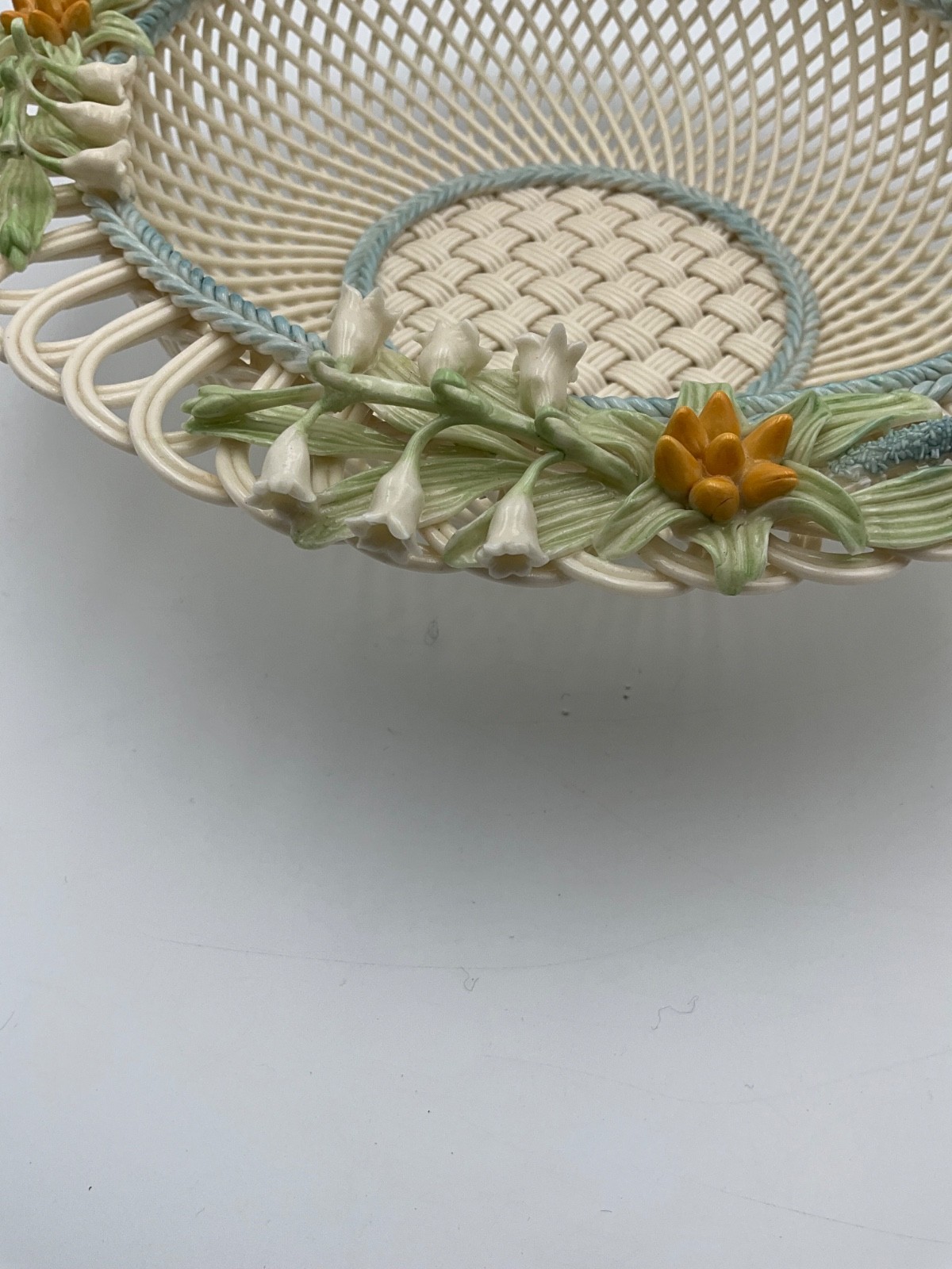 Belleek Lily of the Valley 9″ Basketweave Dish Bowl Ireland Porcelain