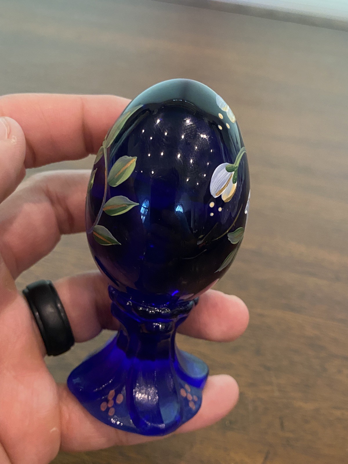 VTG FENTON Cobalt Blue PAINTED BIRD & FLORAL LTD ED #257/3000 Glass Egg 3.75″H