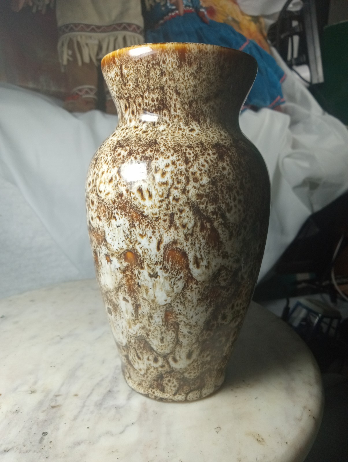 Vintage Ceramic Vase Brown/Cream Honeycomb Drip Glaze