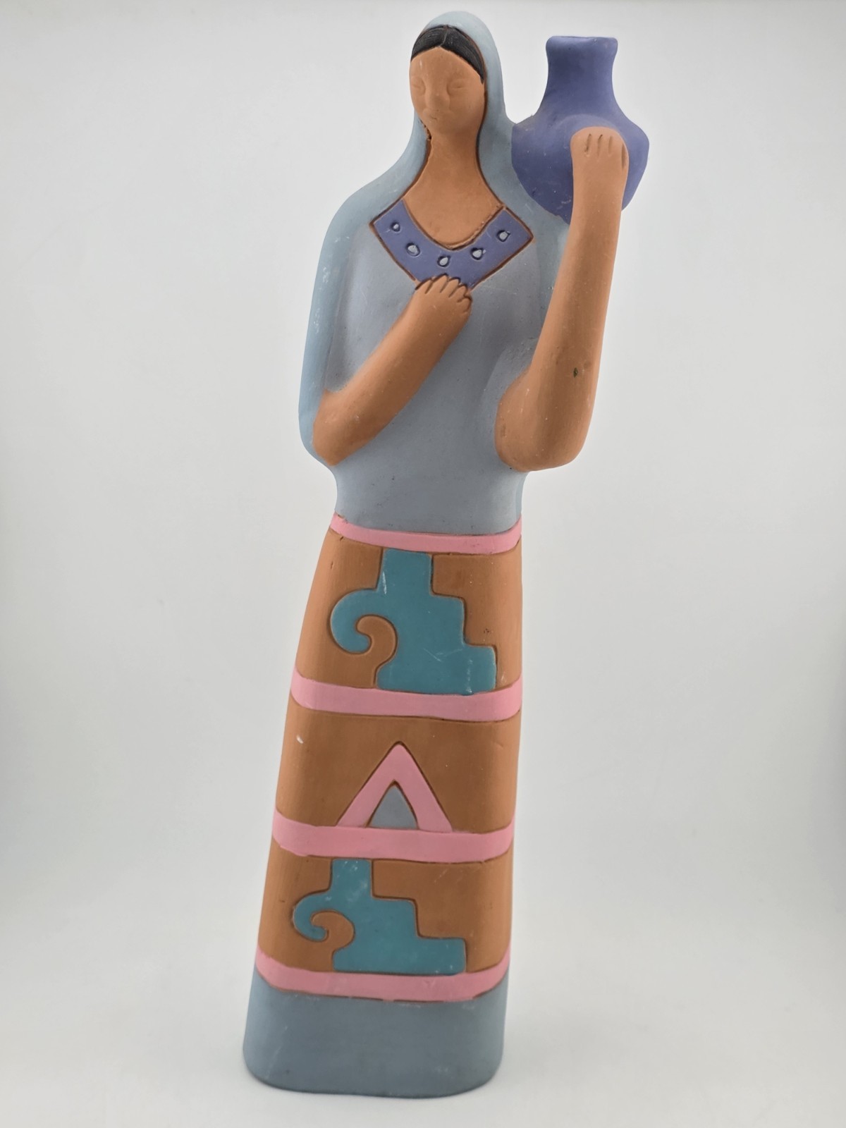 Vintage Handmade Painted Clay Indeginous Pottery Woman Holding Pot 15″ High