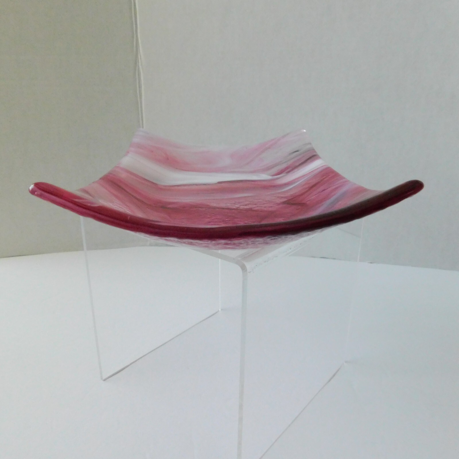 Valletta, Malta Art Blown Glass Pink Candy Dish, 8×5 Marbled Swirl Rectangle EUC