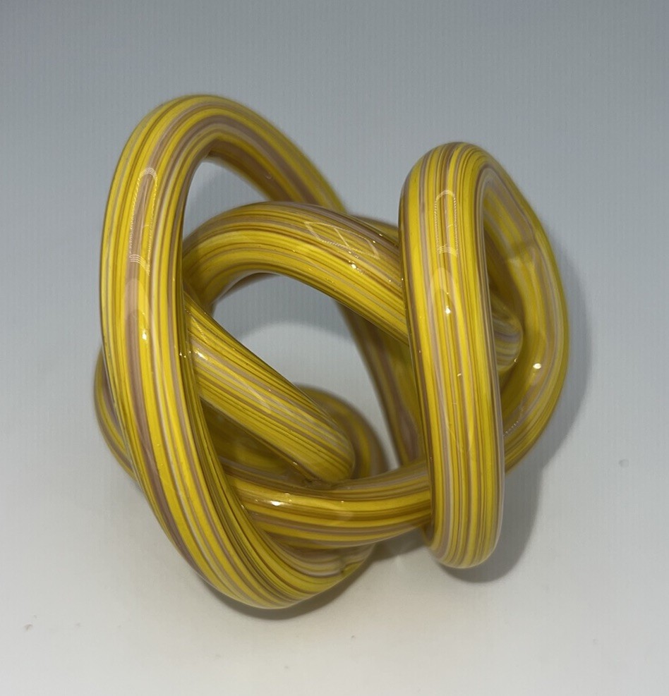 Art Glass Infinity Knot Paperweight Yellow, White, Light Brown Glass Modern