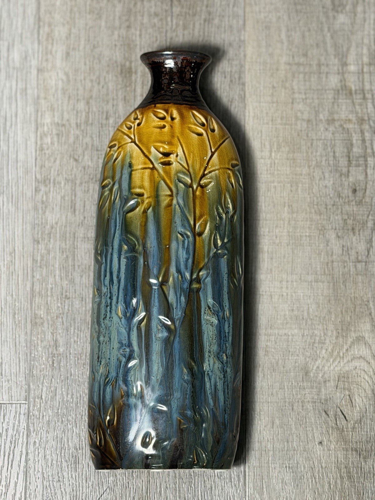 Vintage Style Blue Brown Drip Glaze Art Pottery Vase Embossed Floral Relief