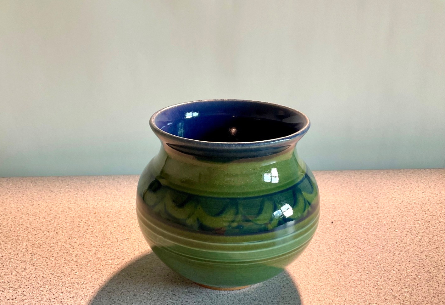 handcrafted green blue 4 x 4″ pottery vase made in Vermont artist signed