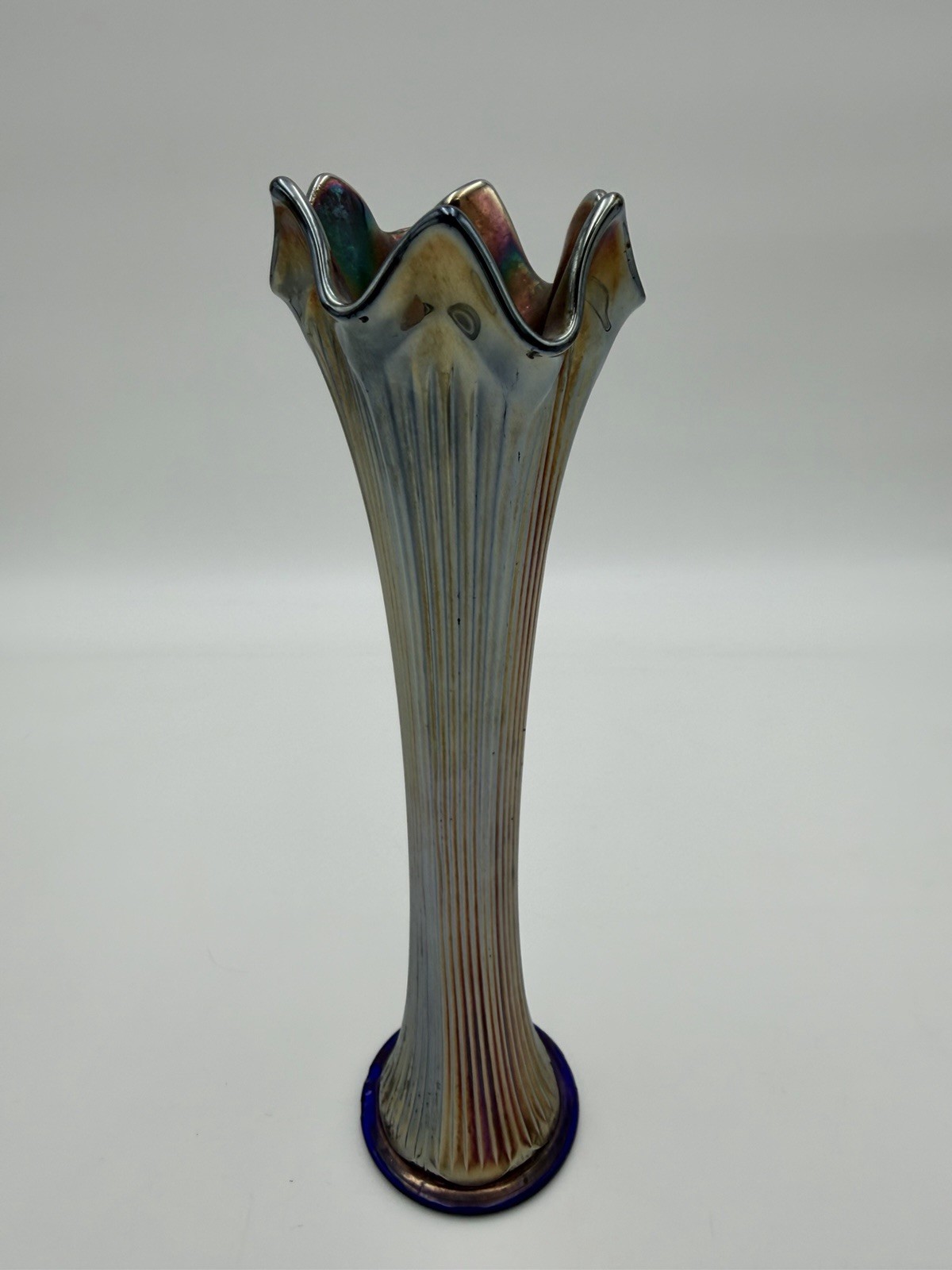 Fenton Art Glass Fine Rib Carnival Glass Sapphire Blue Vase c. 1930s 11”