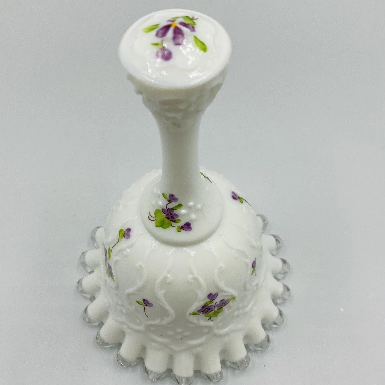 VTG Fenton Milk Glass Violets in Snow Spanish Lace Bell Silver Crest Signed 6”
