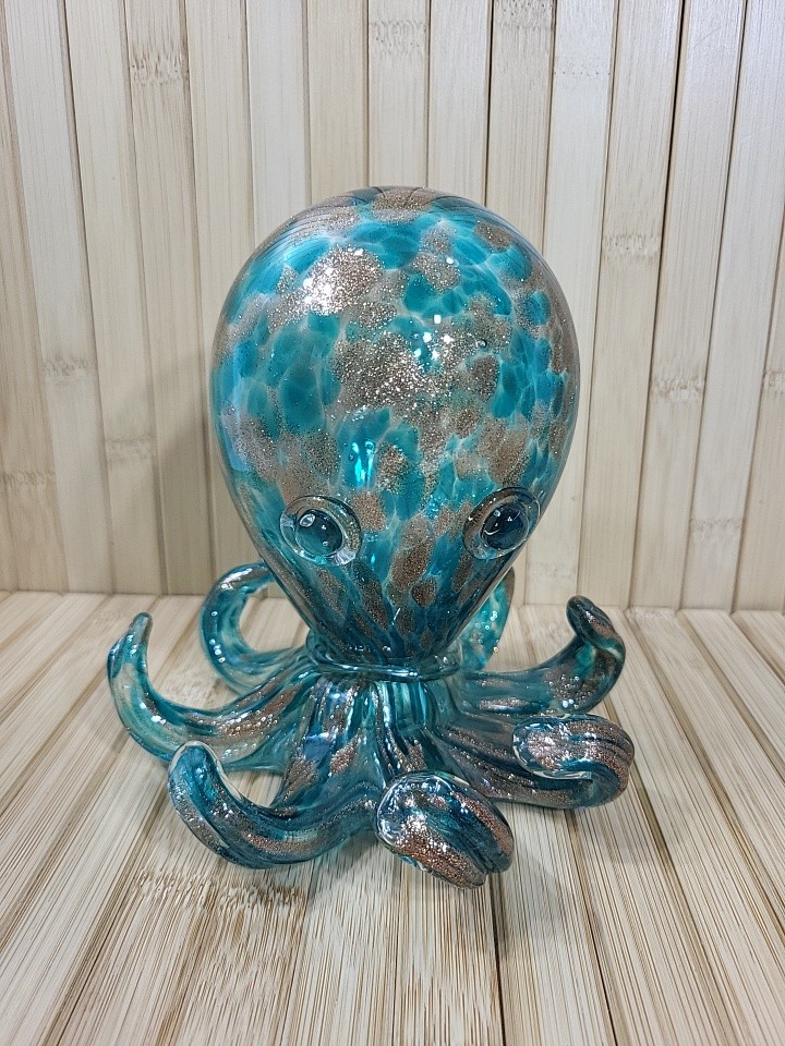 Handblown Octopus Glass Art Beautiful Aqua Blue And Brown Color Scheme