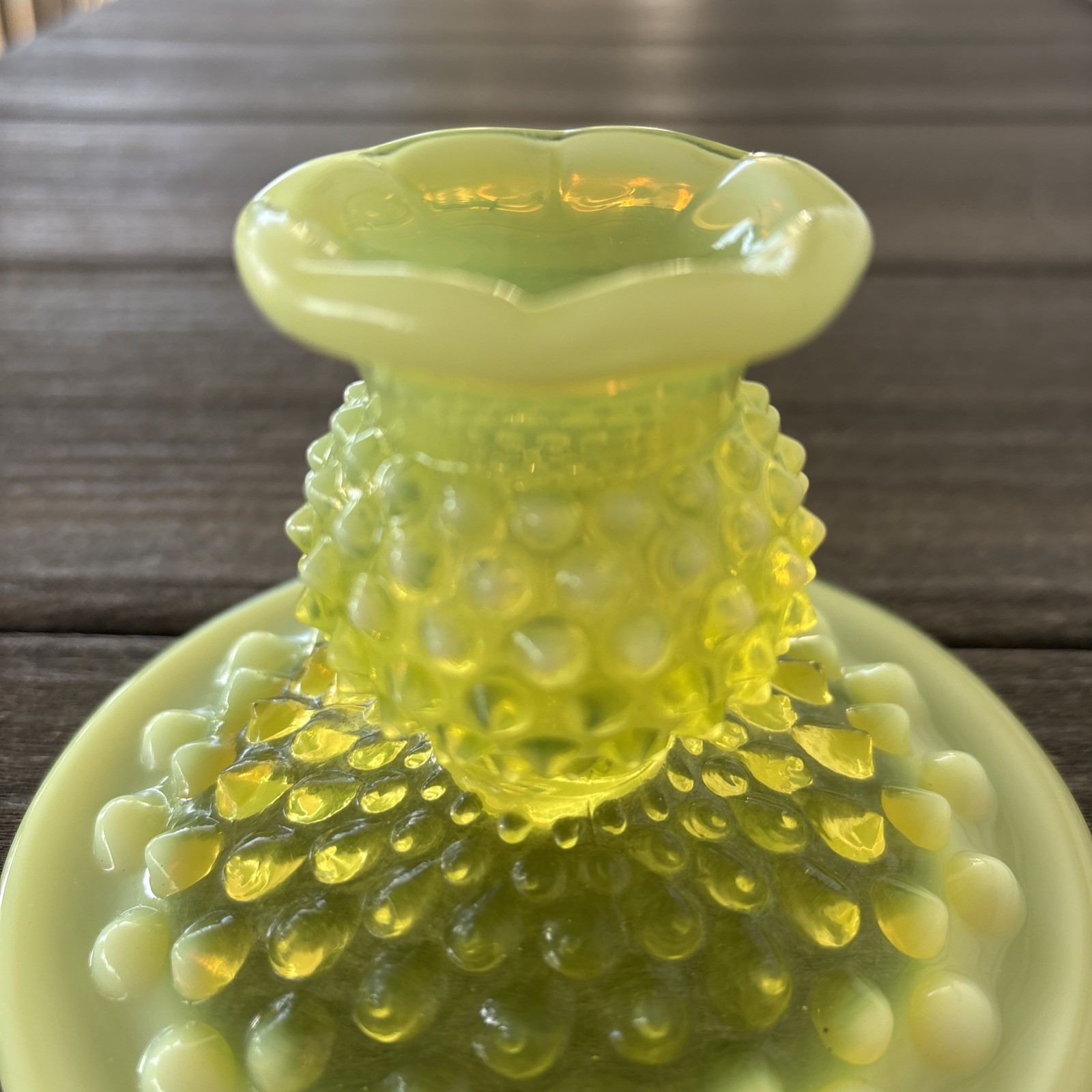 1 Fenton Hobnail Candlestick Holder Vaseline Topaz Opalescent Uranium 3” H