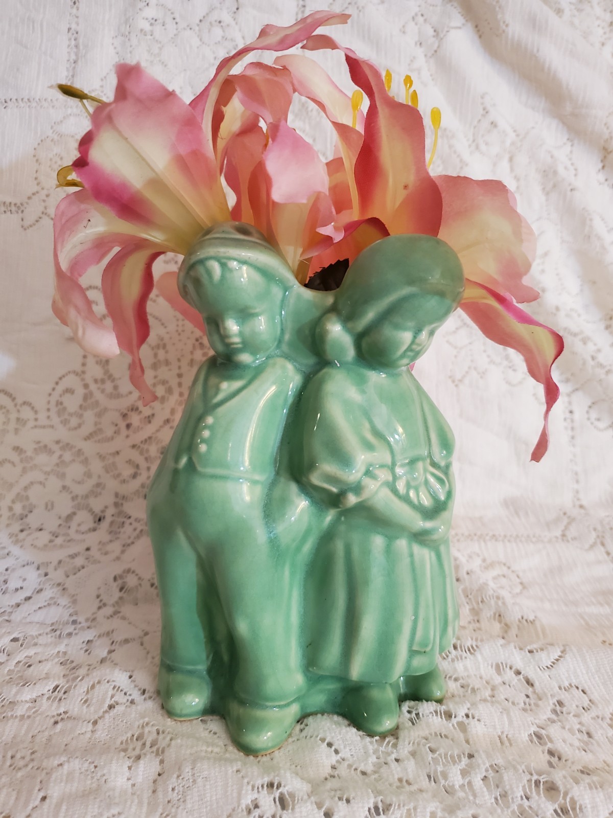 1950s Dutch Boy and Girl Green Ceramic Vase Cameron Clay Co. Planter Art Decor