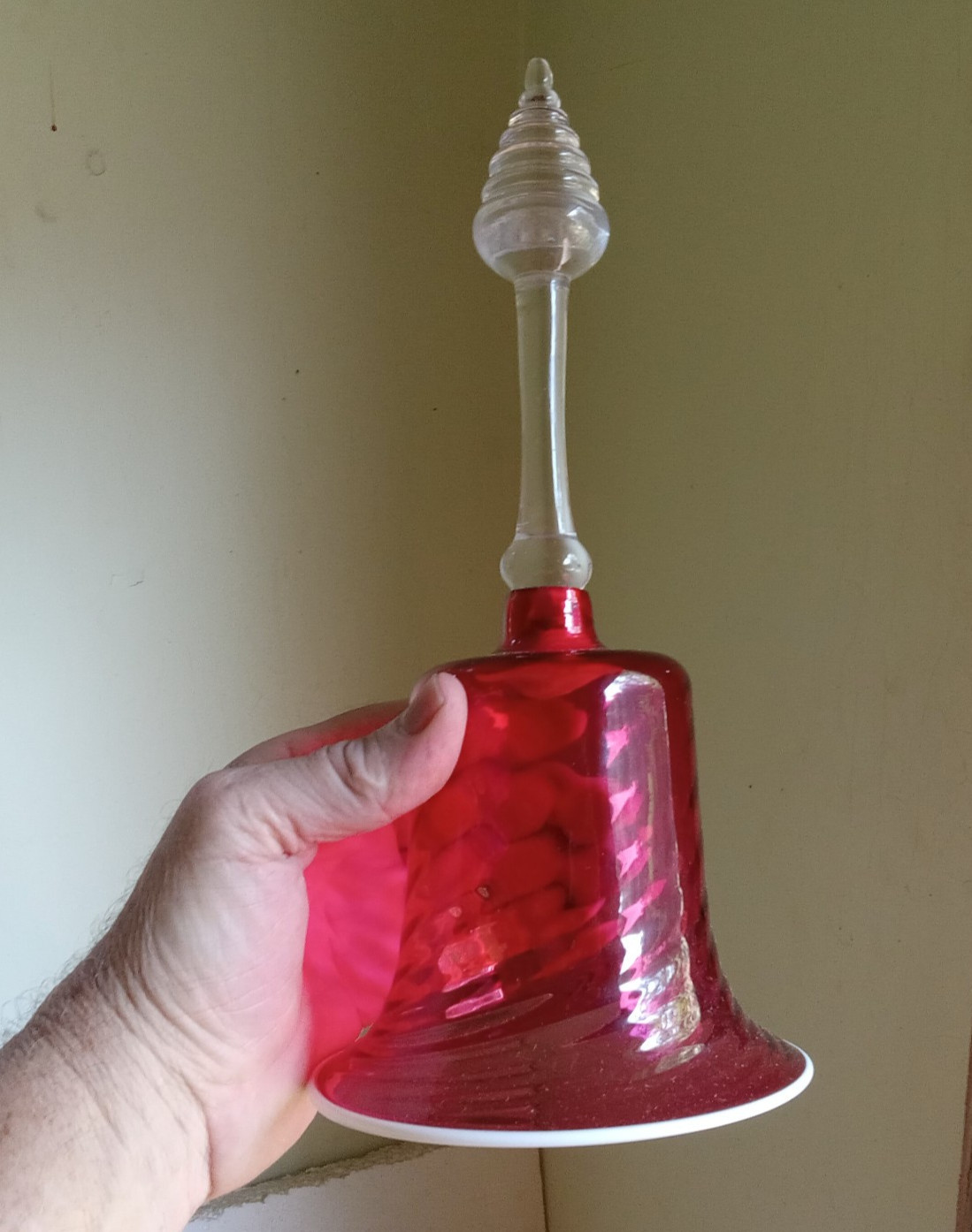 1880s CRANBERRY GLASS HAND BLOWN SWIRL OPTIC WEDDING BELL W/APPLIED OPAL RIM