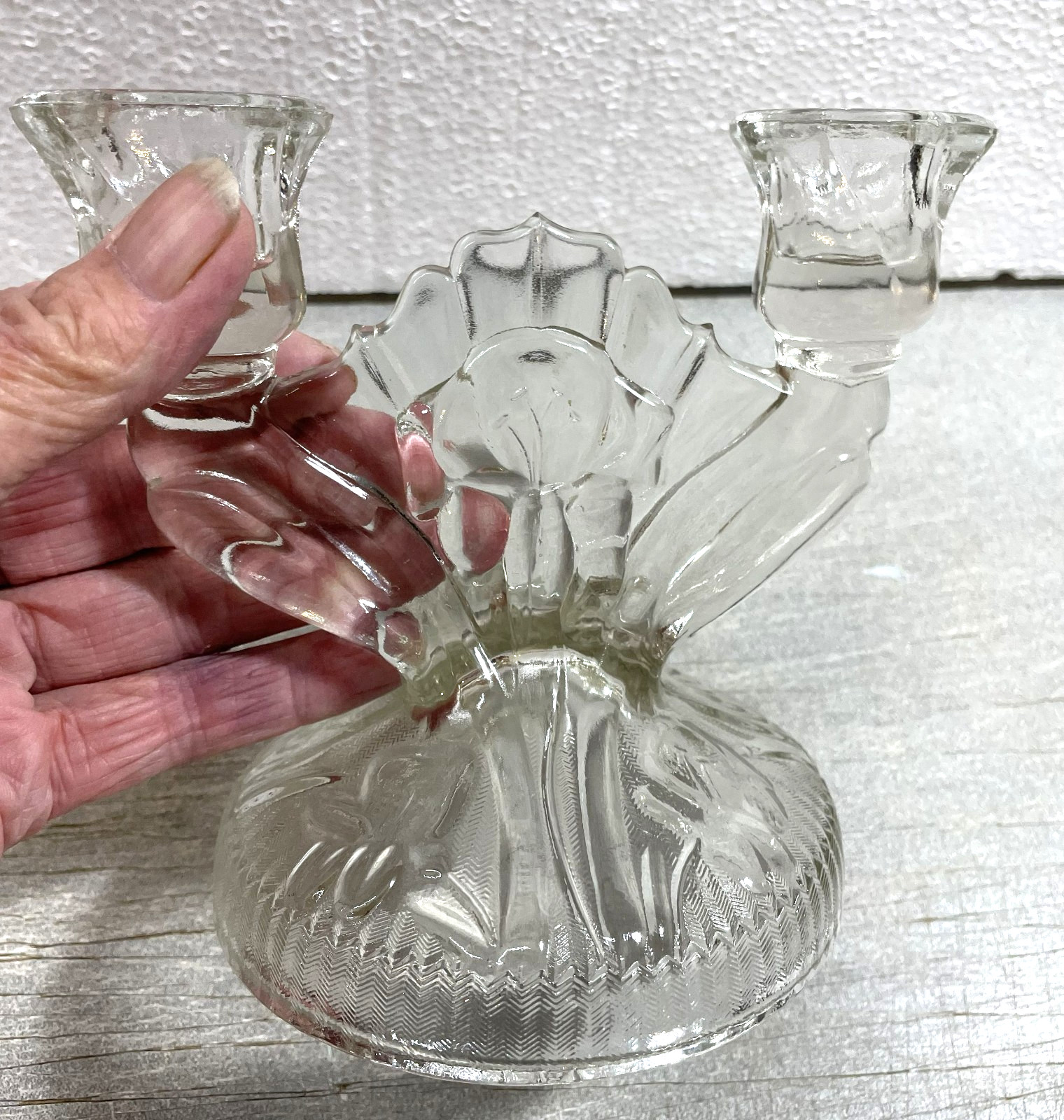 3 THREE Antique JEANNETTE Depression Glass Double Candlestick Iris Clear 1928-32