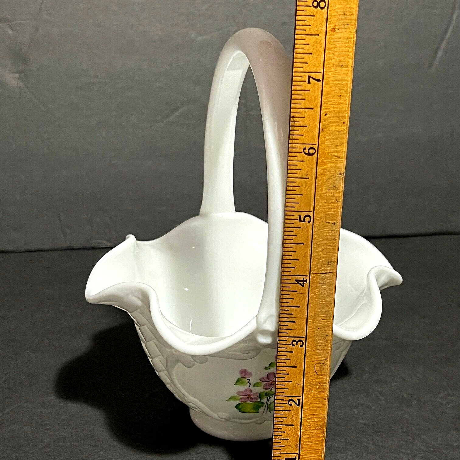 Vtg Fenton Milk Glass Basket Hand Painted Signed Weave Design Violets in Snow
