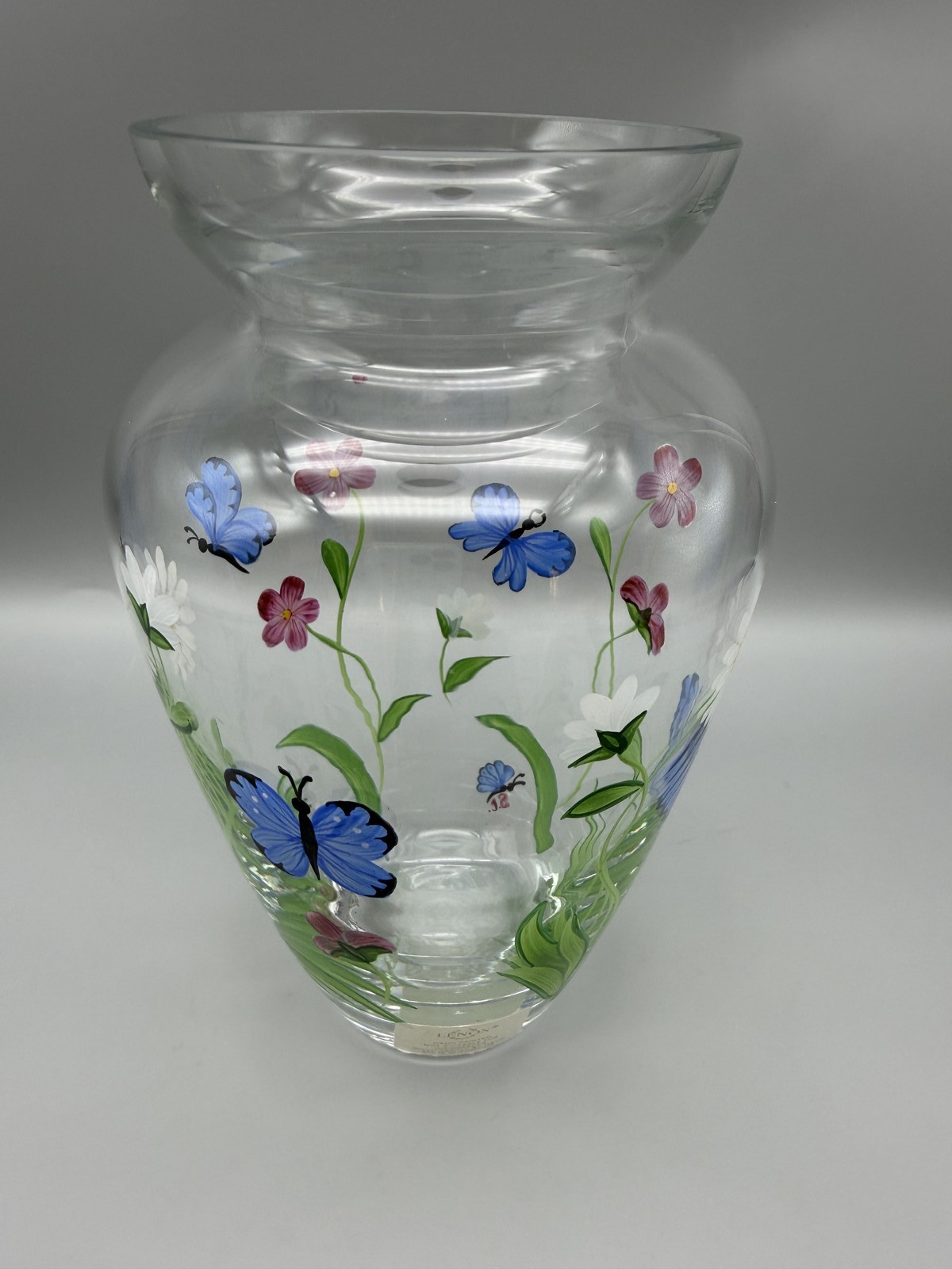 Lenox Hand Painted Glass Vase Butterflies & Blossoms Romania Clear Art Glass