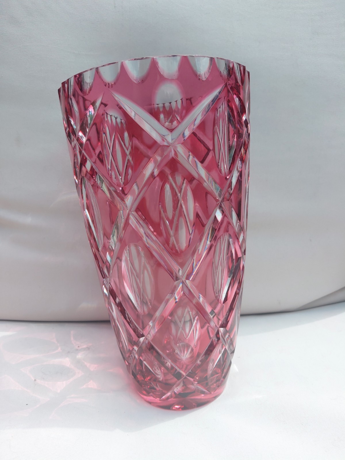 Stunning Large Crystal Cranberry Cut To Clear 10″ X 6″ Vase
